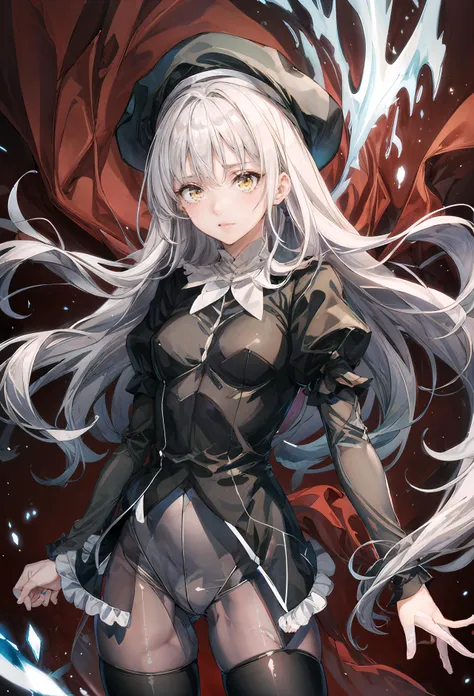 1girl,solo,<lora:caren:0.8>,caren hortensia,solo,long hair,hat,yellow eyes,layered sleeves,pantyhose,thighhighs,white hair,masterpiece,best quality,high quality,highres,absurdres,very long hair,messy hair,<lora:add_detail:0.8>,<lora:eyes:0.6>,dynamic pose,...