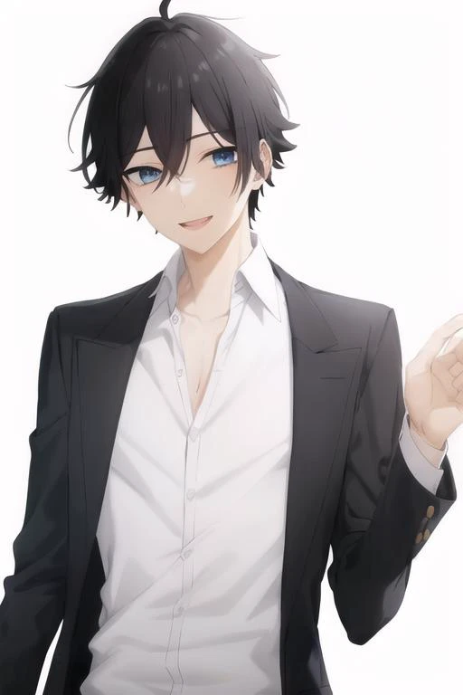 <lora:miyamuraizumi_lora-10:0.6>,1boy,black hair,male focus,solo,hair between eyes,blue eyes,(white shirt),upper body,white back...