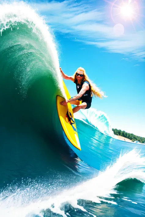 surfer riding a wave on a sunny day in the ocean