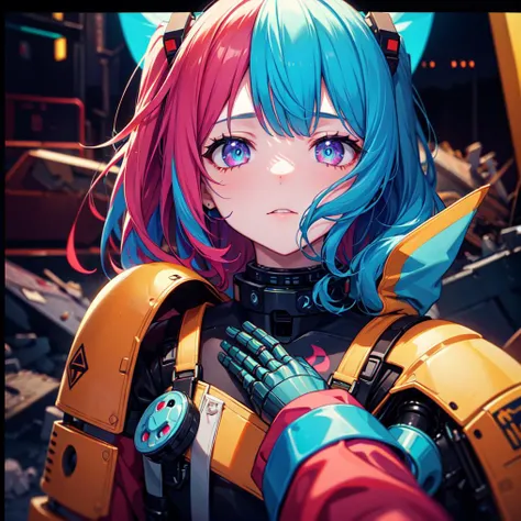 Photo of a broken ruined cyborg girl in a landfill, robot, body is broken with scares and holes,half the face is android,laying on the ground, creating a hyperpunk scene with desaturated dark red and blue details, colorful polaroid with vibrant colors, (va...