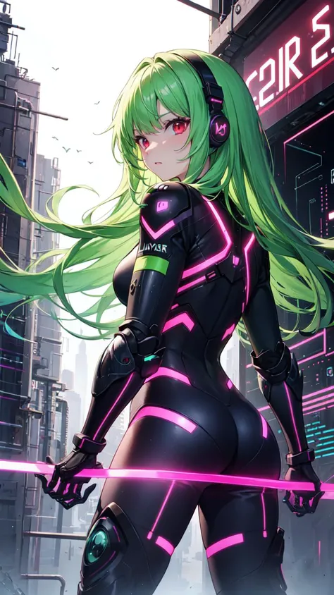 (masterpiece), (best quality), lime green hair, very long hair,  (((cyber armor))), red eyes, neons