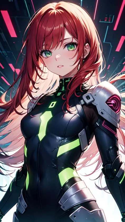 (masterpiece), (best quality), redhead, (((cyber armor))), green eyes, neons