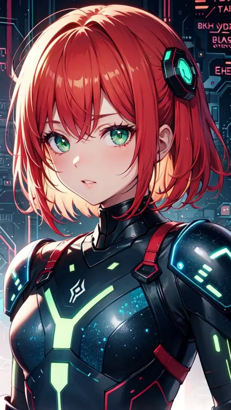 a woman in a futuristic suit with headphones and glowing eyes