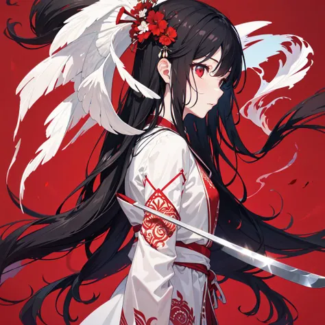 Ultra-realistic 8k CG, masterpiece, ((ultra-detailed background, delicate pattern, intricate details)), best quality, very detailed face, extremely detailed eyes and face, extremely detailed eyes, 1girl, samurai, solo, robe<red>, [(red background:1.6)::0.5...