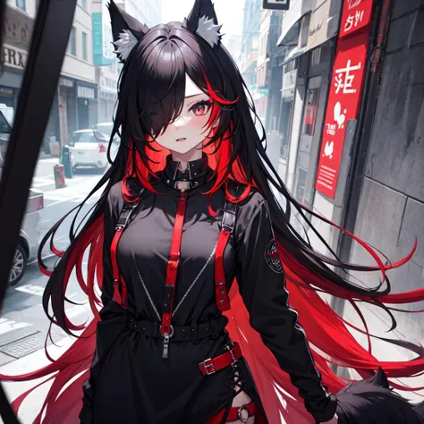 anime girl with long black hair and red horns walking down the street