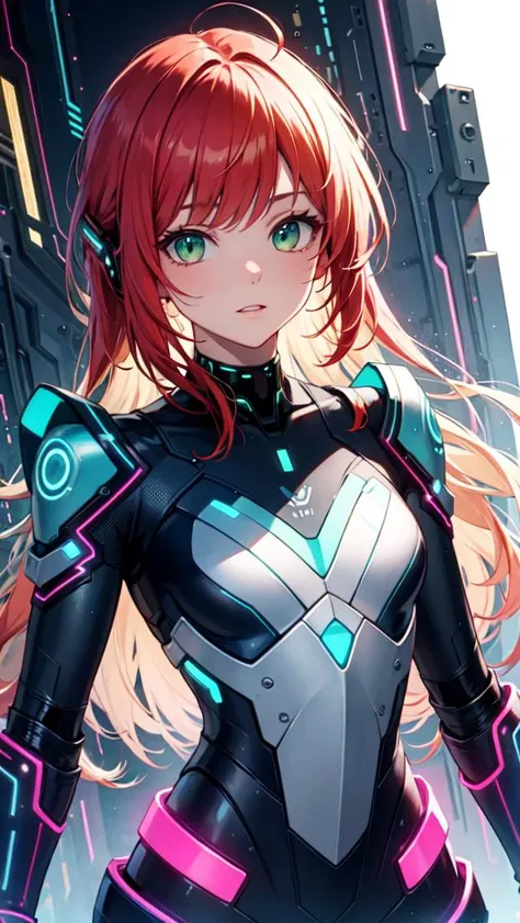 a woman in a futuristic suit standing in front of a city