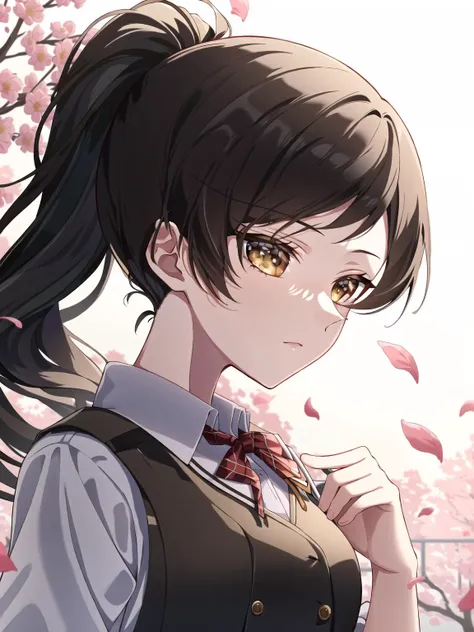 ponytail,standing,upper body,school uniform,look_away,sky,petals,(beautiful light),{{illustration}},{{{masterpiece}}},{{best quality}},{High resolution}, hignity 8k wallpaper,detailed background,{highres},, beautiful face, ((shiny skin)), ((highly detailed...