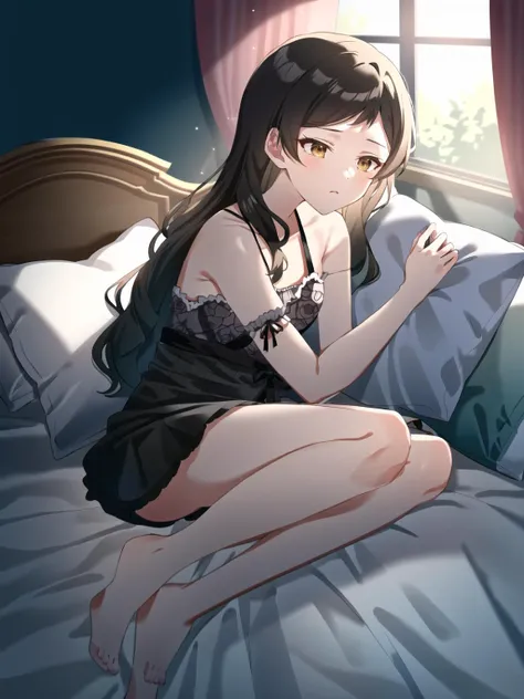 {{{pajamaSH}}},lying,bed,full_body,on bed,pillow,window,sleepy,barefoot,(beautiful shadow), (beautiful light),{{illustration}},{{{masterpiece}}},{{best quality}},{High resolution}, hignity 8k wallpaper,detailed background,{highres},, beautiful face, ((shin...