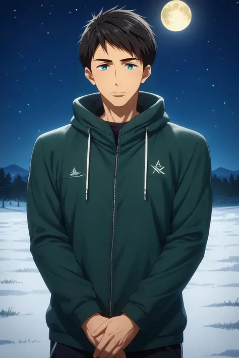 a man in a green hoodie standing in front of a full moon