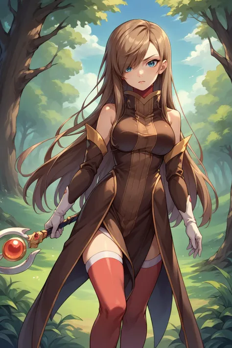 a woman in a brown dress holding a sword in a forest