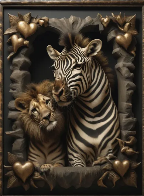 3D Framed zebra hugs lion, hearts, real animal, 8k, F2.8, RAW Photo, ultra detailed, soft lighting, real life,  <lora:3D_Framed_Wall_Art_-_By_DICE:1>