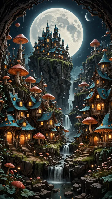 a painting of a fantasy village with a waterfall and mushrooms