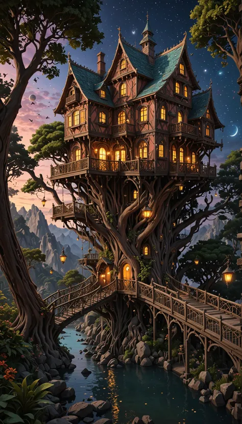 a painting of a tree house in the middle of a forest