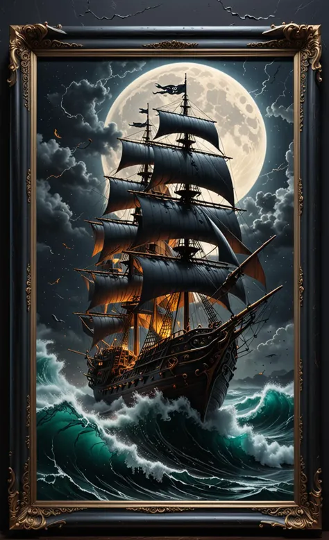 a painting of a ship sailing in the ocean with a full moon