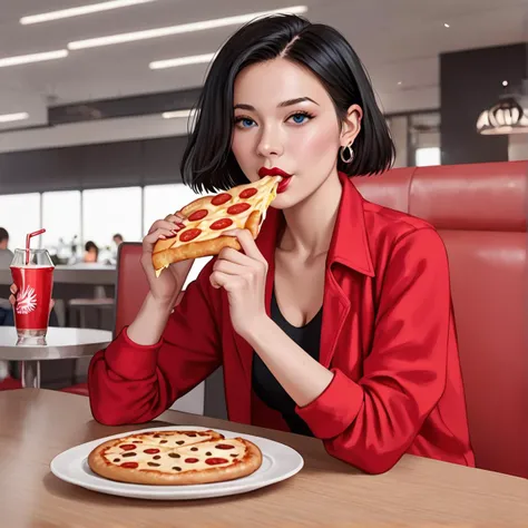 woman eating a slice of pizza at a restaurant with a red chair