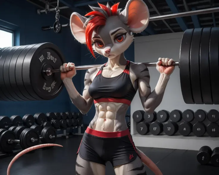 araffe with a red hair and a black top is holding a barbell