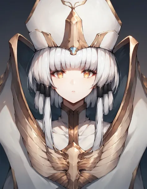 anime girl with white hair and gold armor with a sword