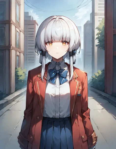 anime girl in a red jacket and blue skirt standing in a city street