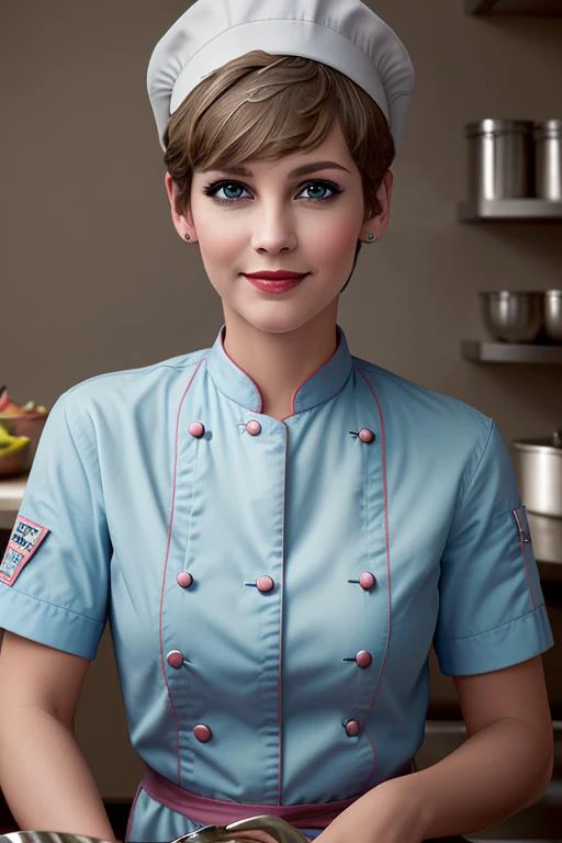 <lora:jamielc-10:0.6>, jamielc, ((short hair, pixie cut)),  , photo of a woman, , ((chef hat, chef jacket, commercial kitchen)), smiling, (lipstick, blush, eye shadow), ((best quality, masterpiece, extreme details, high resolution):1.2),((detailed eyes, be...