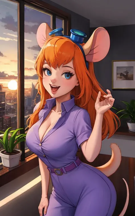 CARTOON_gadget_hackwrench_ownwaifu,
1girl, furry female, long hair, orange hair, blue eyes, bangs, sidelocks, buck teeth, animal ears, mouse ears, animal nose, mouse tail, body fur, tail, goggles, goggles on head, eyewear on head, breasts, medium breasts, ...