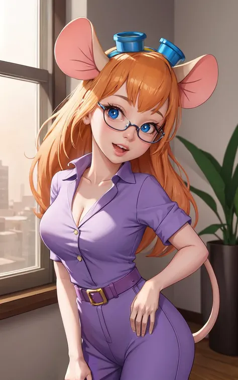 CARTOON_gadget_hackwrench_ownwaifu,
1girl, furry female, long hair, orange hair, blue eyes, bangs, sidelocks, buck teeth, animal ears, mouse ears, animal nose, mouse tail, body fur, tail, goggles, goggles on head, eyewear on head, breasts, medium breasts, ...