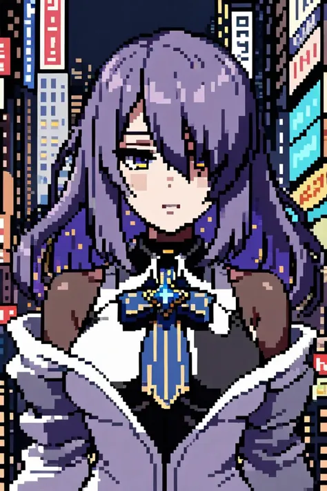 a close up of a pixel art picture of a woman in a purple outfit