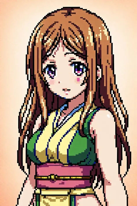 a close up of a pixel art of a woman in a green and yellow outfit