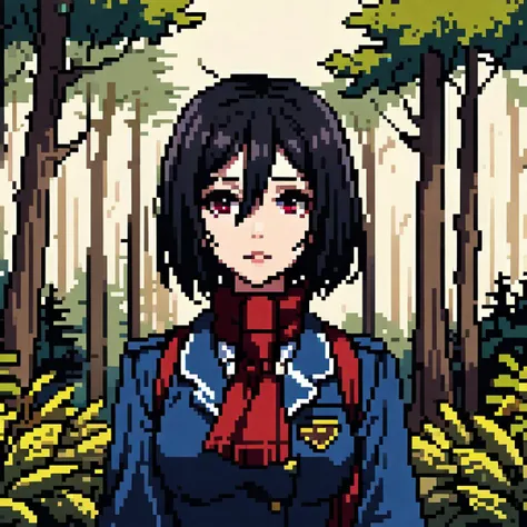 a close up of a pixel art of a woman in a blue jacket