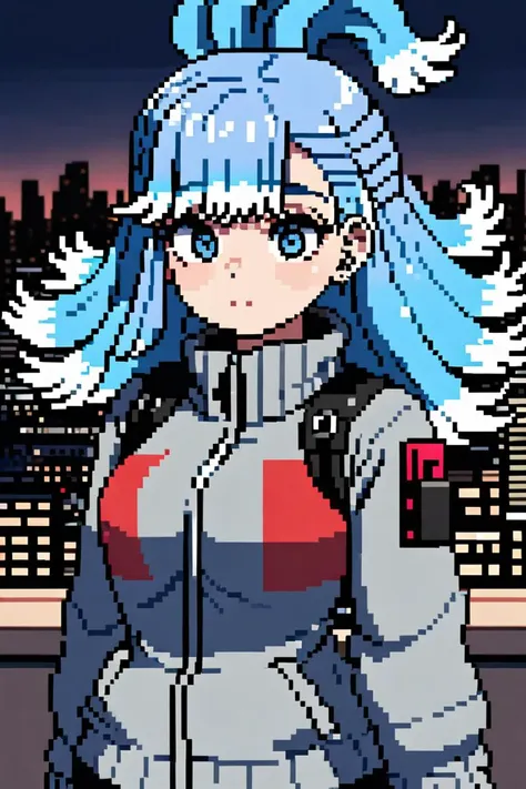 a close up of a pixel art of a woman with blue hair