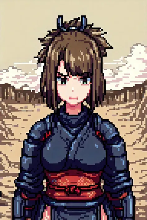 a pixel art of a woman in a black outfit with a sword