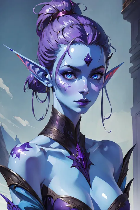 Tiefling, masterpiece, 1girl, blue skin, purple eyes, pointy ears, bare shoulders, <lyco:V1Tiefling LyCO:1.0>