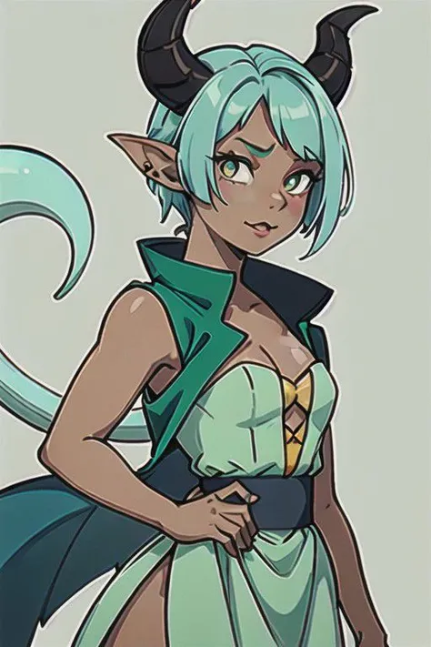 solo, young mature tiefling woman, (mint green) skin color, mint green skin, beige horns, (dark blue) hair, blue hair, combed back hair, hair behind ears, upturned ears, long devils tail , padded jacket, petticoat