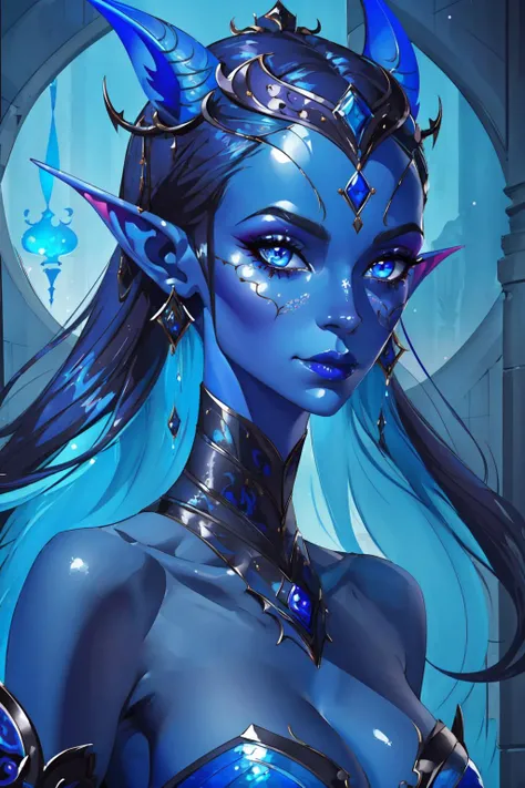 Tiefling, woman character that embodies a vibrant presence. They are a true masterpiece of otherworldly beauty. This tiefling is depicted as a 1girl with sapphire blue skin, which shimmers with an ethereal glow. Their mesmerizing ebony black eyes draw othe...