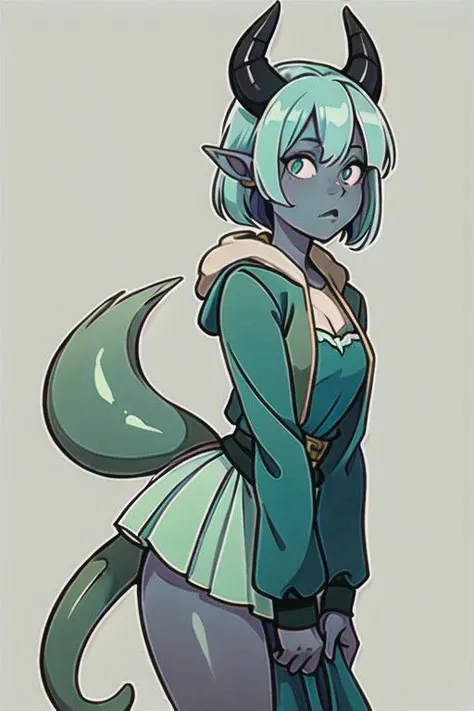 solo, young mature tiefling woman, (mint green) skin color, mint green skin, beige horns, (dark blue) hair, blue hair, combed back hair, hair behind ears, upturned ears, long devils tail , padded jacket, petticoat