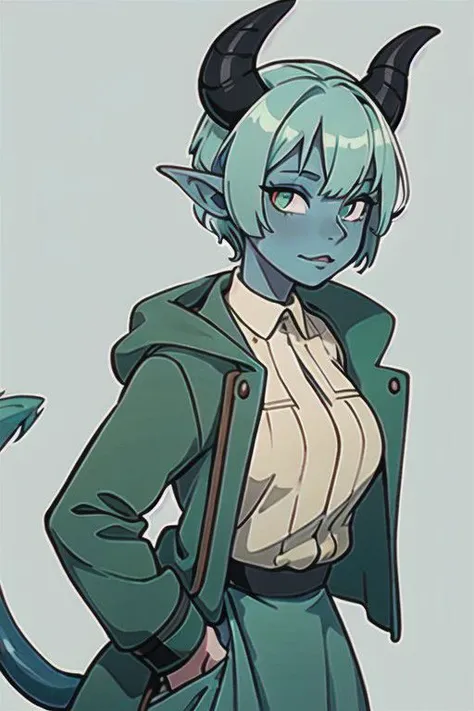 solo, young mature tiefling woman, (mint green) skin color, mint green skin, beige horns, (dark blue) hair, blue hair, combed back hair, hair behind ears, upturned ears, long devils tail , padded jacket, petticoat