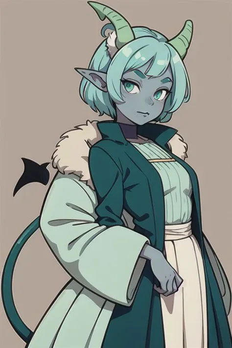 solo, young mature tiefling woman, (mint green) skin color, mint green skin, beige horns, (dark blue) hair, blue hair, combed back hair, hair behind ears, upturned ears, long devils tail , padded jacket, petticoat