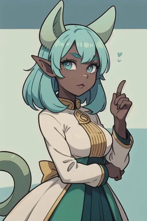 solo, young mature tiefling woman, (mint green) skin color, mint green skin, beige horns, (dark blue) hair, blue hair, combed back hair, hair behind ears, upturned ears, long devils tail , padded jacket, petticoat