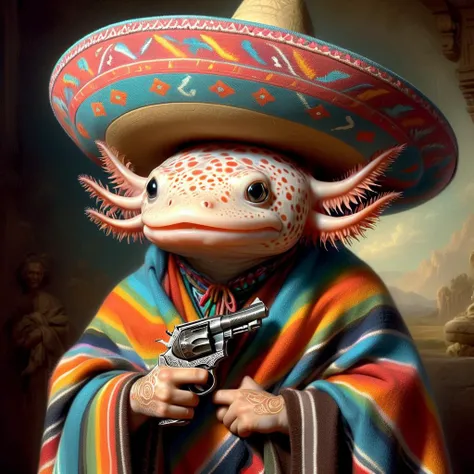 (masterpiece:1.5)  <lora:Axomodel XL:0.6> 4xolotl, portrait of axtolotl wearing sombrero and poncho, posing with ornate revolver, bemused facial expression,  stylized digital painting