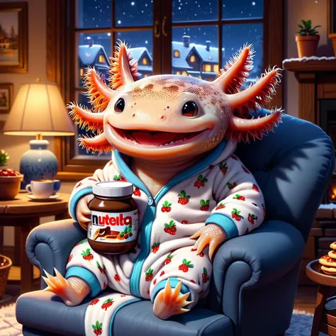 (masterpiece:1.5) <lora:4xoltl:0.7> 4xolotl, tiny axtolotl in footie pajamas, sitting in a large comfy chair nestled deep, holding nutella, cozy house indoor background, night time snow outside, happy, wholesome