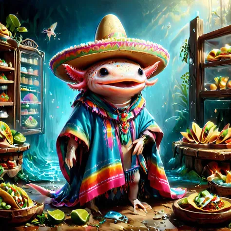 arafed image of a mexican character in a sombren and a mexican food