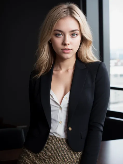 RAW photo,  tv_Emma_Masters_MXAI , angry expression, wearing a pencil skirt, wearing a dress shirt, wearing a blazer, standing at the edge of a conference table, shot from below, ((cowboy shot)), PA7_Portrait-HL_v2, (((Ultra-HD-details, Ultra-HD-detailed, ...