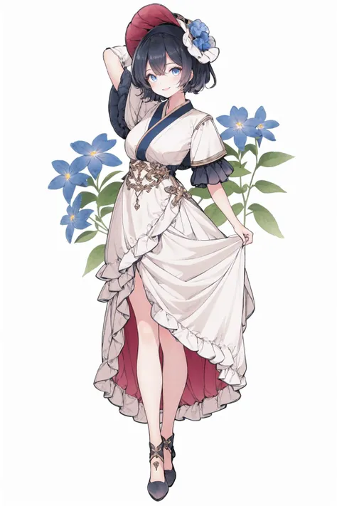 solo, 1girl, dress, white background, simple background, full body, blue eyes, bonnet, looking at viewer, smile, long sleeves, puffy sleeves, skirt hold, short hair, standing, arm behind head, arm up, bangs, flower, blue flower, white dress, hat, frills