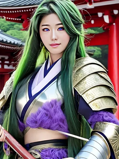 masterpiece, best quality, a perfect face, 1girl, fluffy long hair, purple pupils, green hair, wearing an plate armor, at a japa...