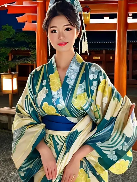 masterpiece, best quality, a perfect face, 1girl, high ponytail, wearing a yukata, at a shrine at night, photorealistic, 8k