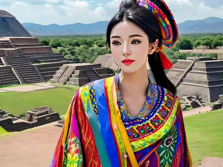 masterpiece, best quality, a perfect face, 1girl, high ponytail, black hair, wearing a sombrero and a colorful huipil, at teotih...