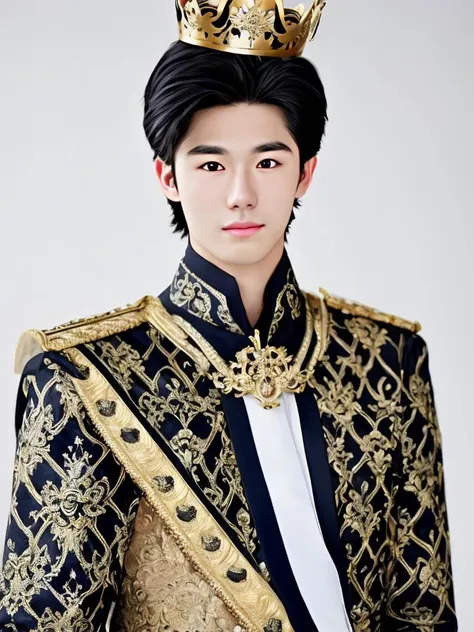 masterpiece, best quality, a perfect face, a kawaii face, 15 years old, 1boy, black hair, crowned as a king, looking at viewer, ...