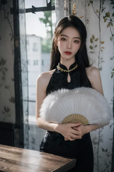 a woman in a black dress holding a fan and a necklace