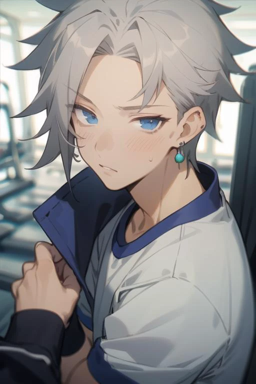 masterpiece, best quality, ultra-detailed, illustration, 1boy, solo, male focus, looking at viewer, upper body, depth of field, <lora:alan_stuart:0.74>, alan_stuart, jewelry, grey hair, blue eyes, gym uniform