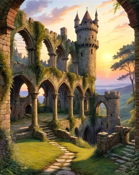 a painting of a castle with a stone pathway leading to it