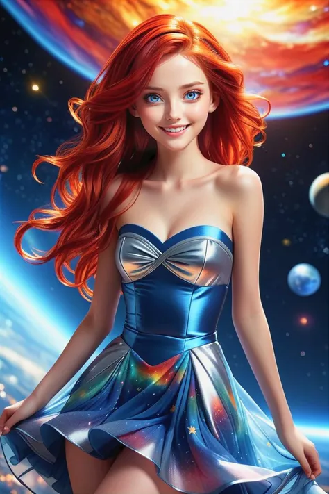 a woman in a dress with a space background